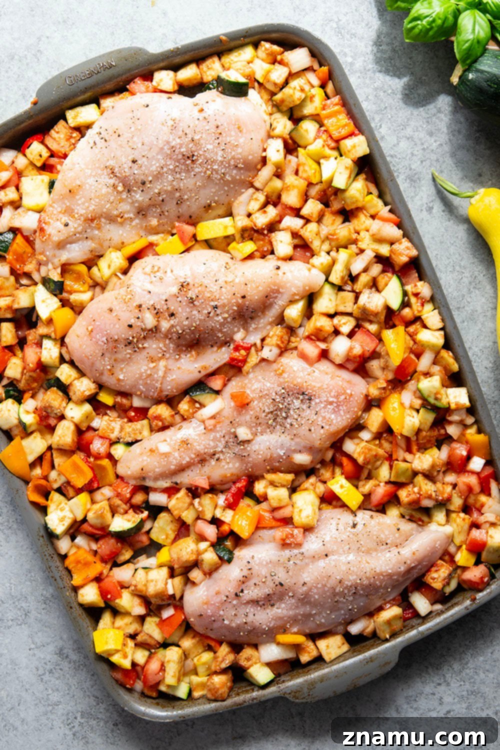 One-Pan Ratatouille Chicken Bake 4 Made entirely on one sheet pan and packed full of garden vegetables, this ratatouille chicken is ready in only 45 minutes and an easy summer weeknight meal.