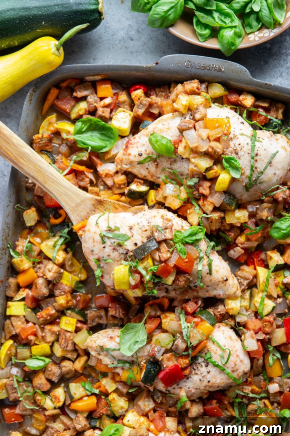 One-Pan Ratatouille Chicken Bake 5 Made entirely on one sheet pan and packed full of garden vegetables, this ratatouille chicken is ready in only 45 minutes and an easy summer weeknight meal.