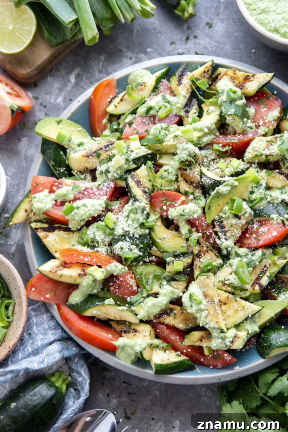Smoky Grilled Zucchini and Heirloom Tomato Salad with Creamy Avocado-Scallion Dressing 6 A close-up of the Grilled Zucchini Tomato Salad plated beautifully, ready to be served.