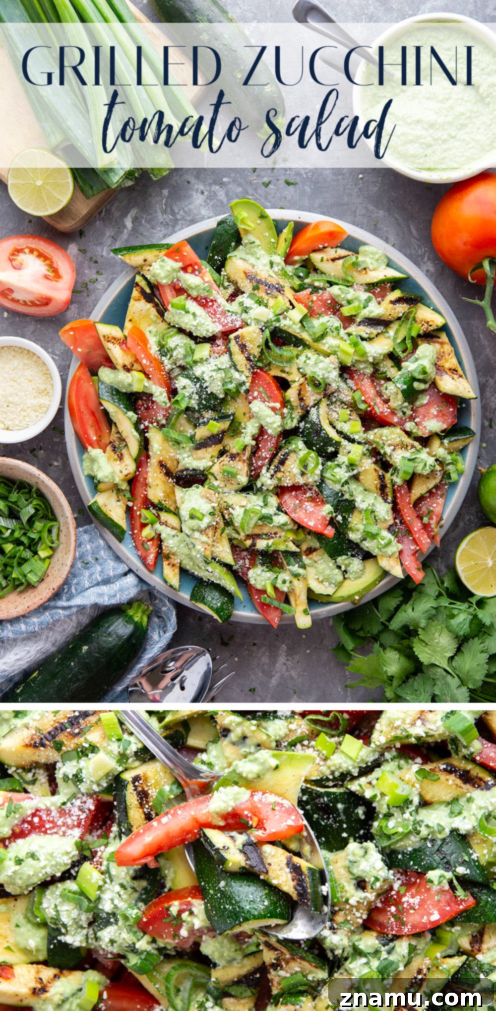 Smoky Grilled Zucchini and Heirloom Tomato Salad with Creamy Avocado-Scallion Dressing 7 A large serving bowl filled with the colorful Grilled Zucchini Tomato Salad, garnished with fresh cilantro and cheese.