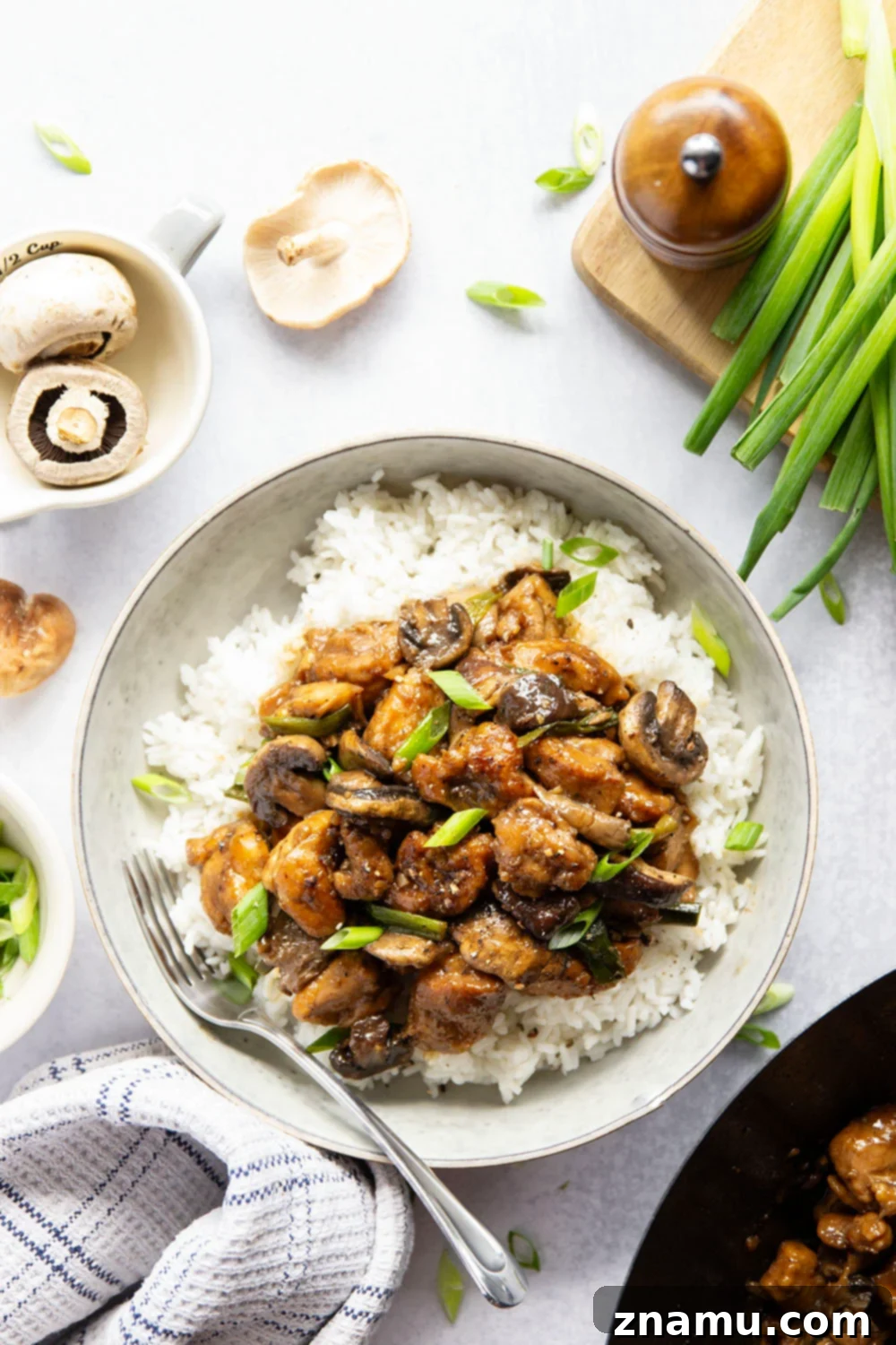A serving of Black Pepper Mushroom Chicken Stir Fry with green onions