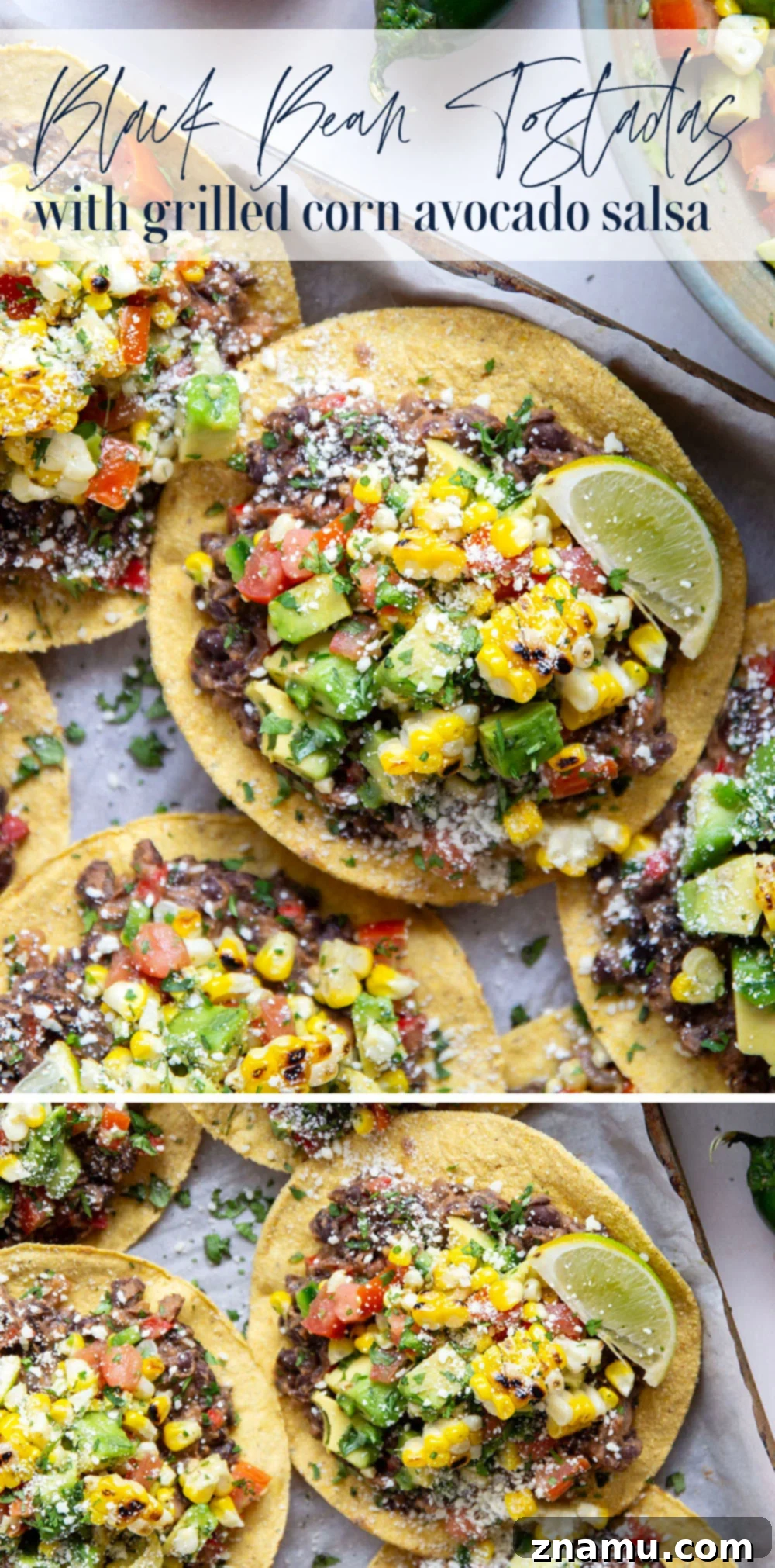 Summer Black Bean Tostadas with Smoky Corn Salsa 7 Creamy smashed black beans and a smoky grilled corn avocado salsa are piled onto these massively flavorful black bean tostadas for an easy vegetarian or vegan meal.