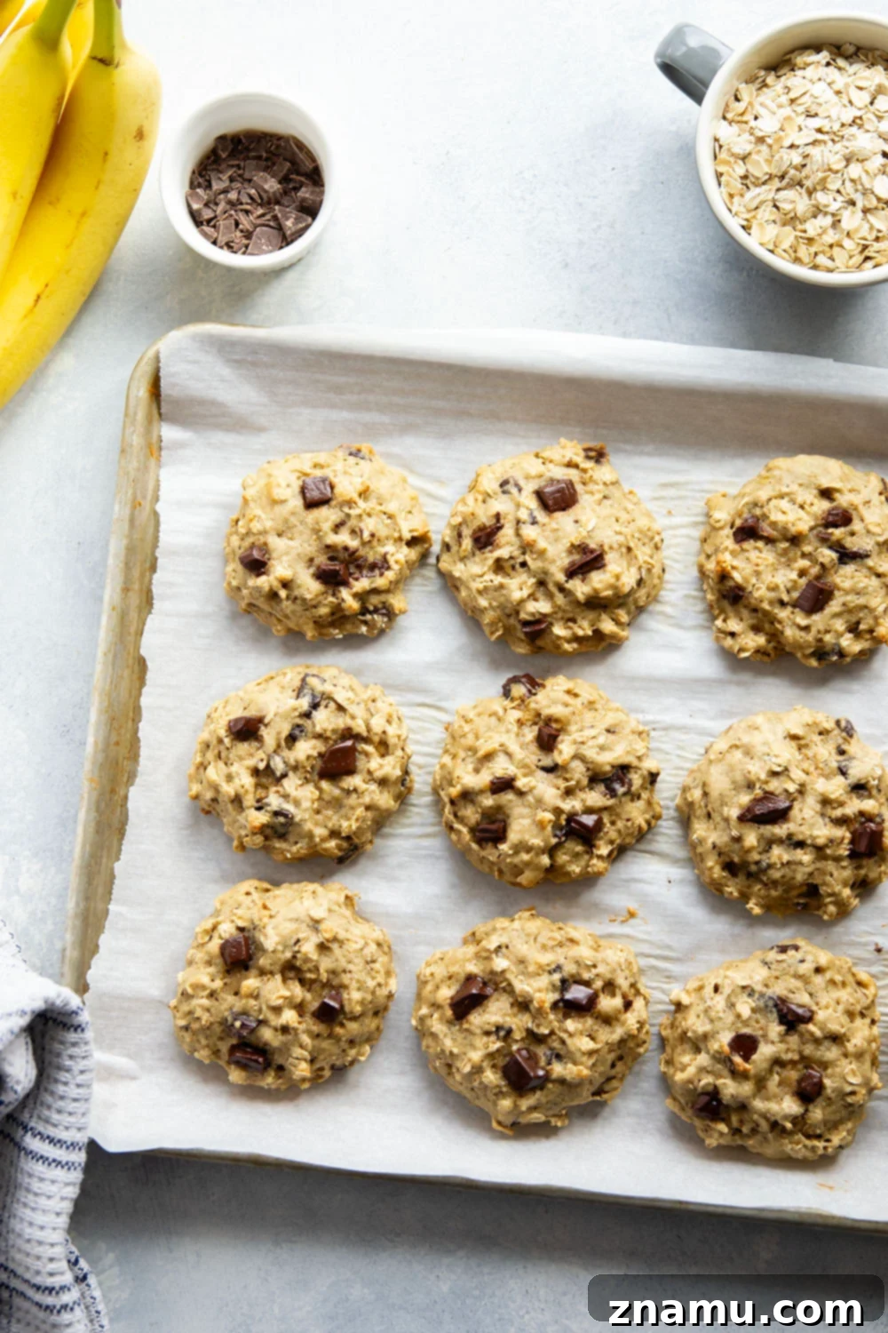 Close-up of golden brown banana oatmeal breakfast cookies on a cooling rack, showing the chewy texture and melted chocolate.