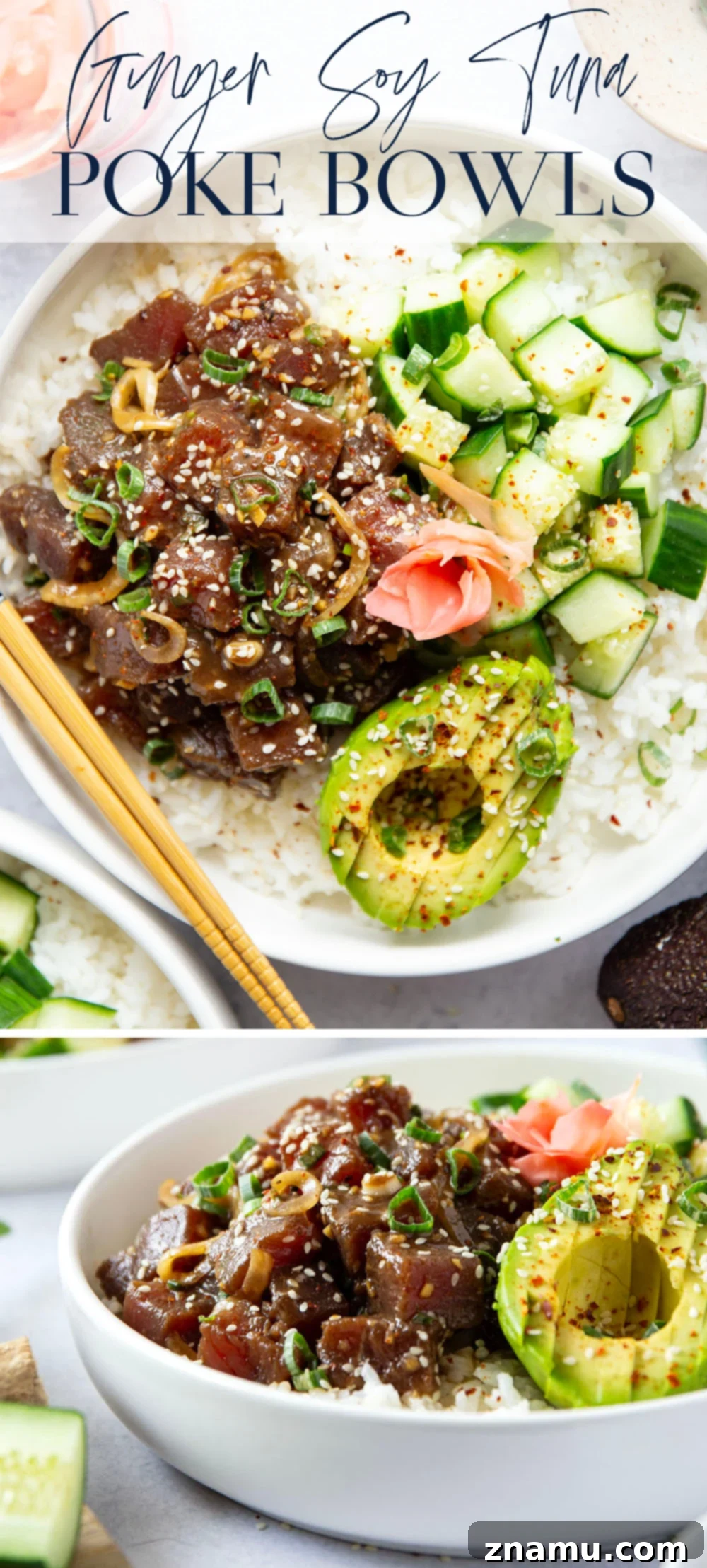 Overhead shot of two beautifully plated Ahi Tuna Poke Bowls, showcasing all the fresh toppings
