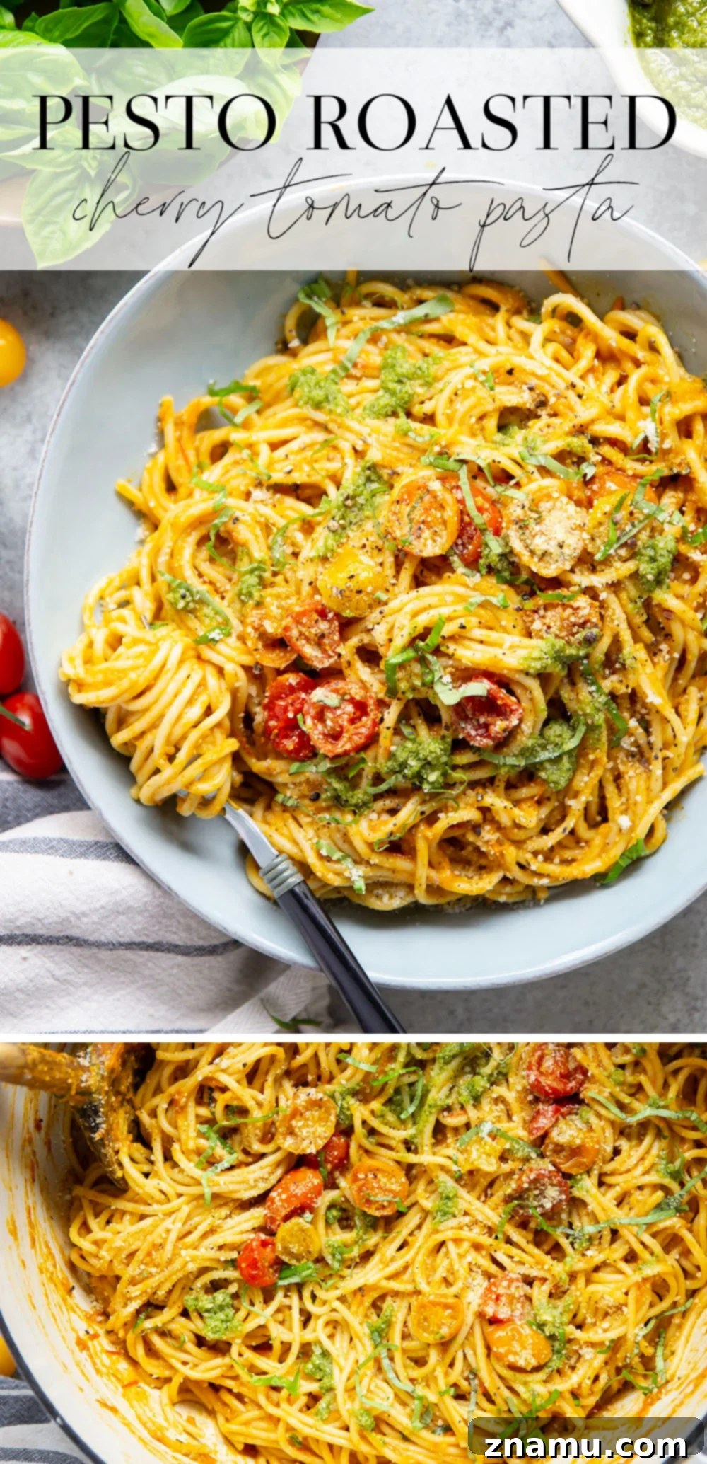 Roasted Cherry Tomato Pesto Pasta 7 An appetizing close-up of the Pesto Roasted Cherry Tomato Pasta, with steam subtly rising, highlighting the fresh basil and grated Parmesan. A rustic linen napkin is visible in the background.