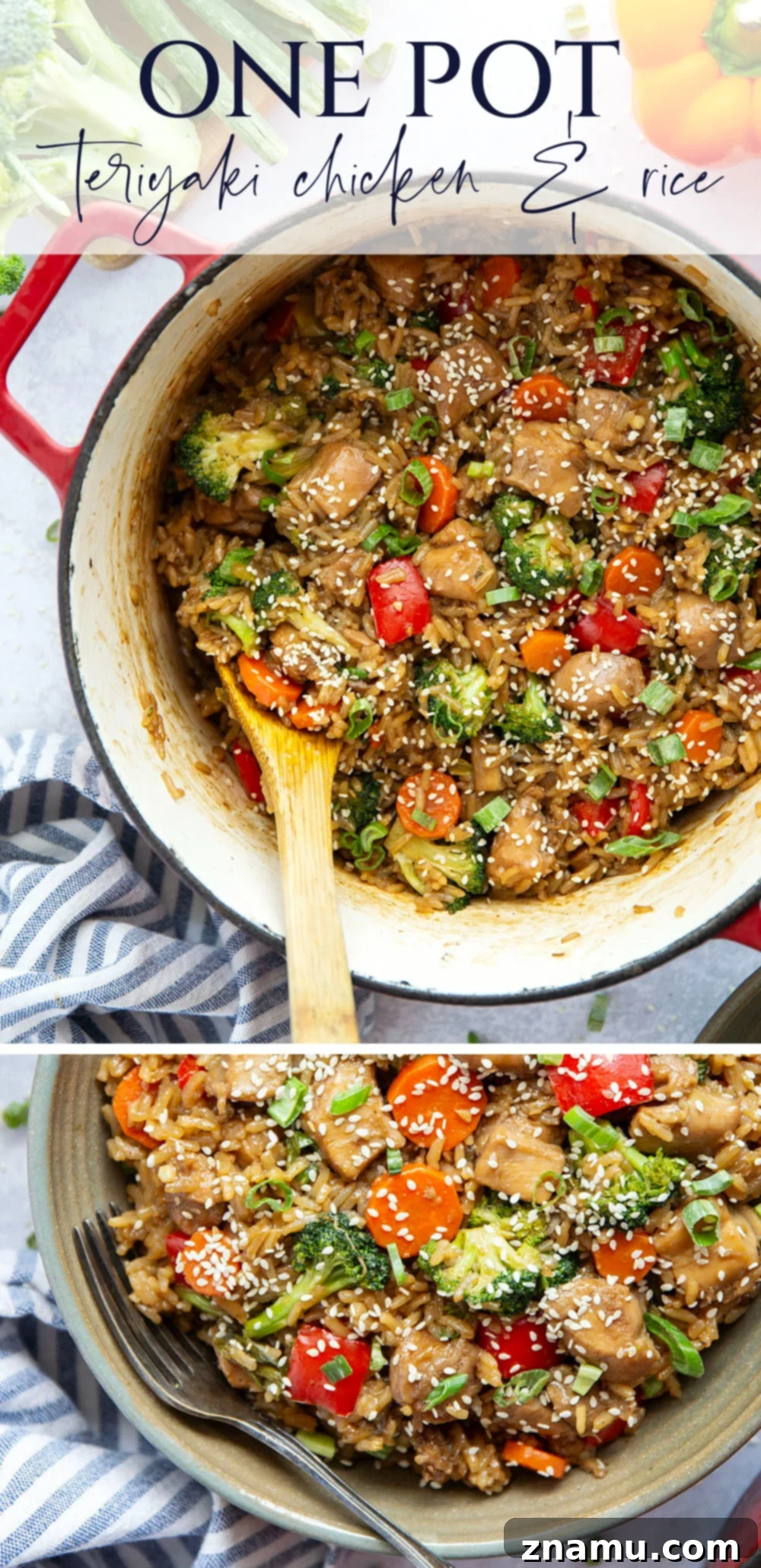 Overhead shot of a rustic cast iron pot filled with freshly cooked one-pot teriyaki chicken and rice.