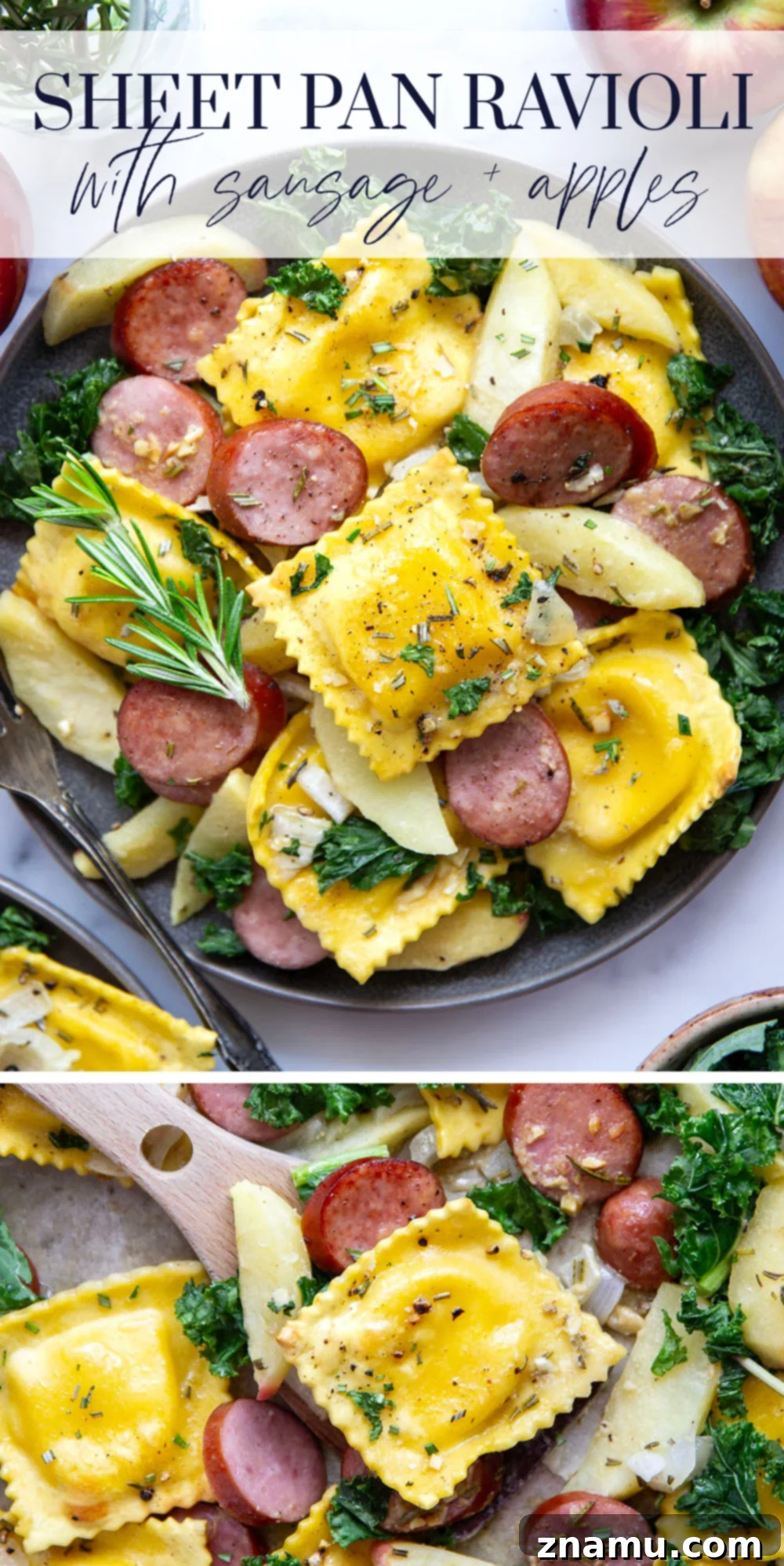Sheet Pan Sausage, Apple, and Ravioli Bake 7 A beautifully presented sheet pan ravioli with sausage and apples, garnished and ready to serve, emphasizing fresh fall flavors.