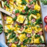 Sheet Pan Sausage, Apple, and Ravioli Bake 8 Roasted on one sheet pan and packed with fall goodness, this sheet pan ravioli is baked alongside tender sausage and apples in a sweet maple mustard sauce.