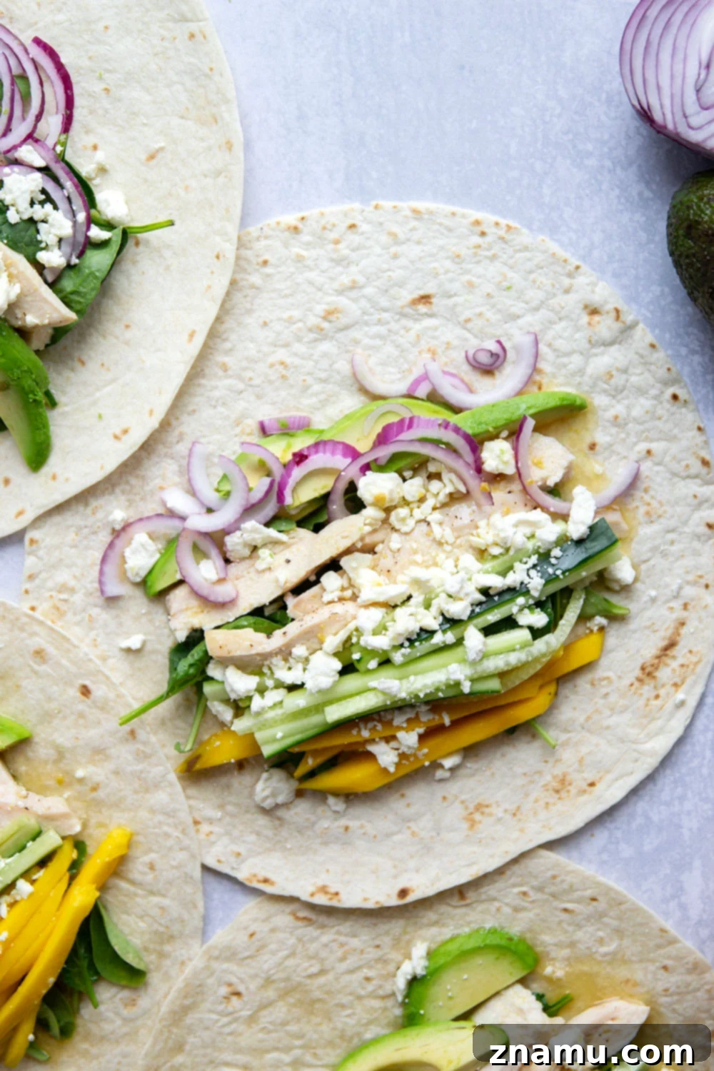 Tropical Chicken Mango Wrap 3 Close-up of a delicious Chicken Mango Wrap ready to be enjoyed