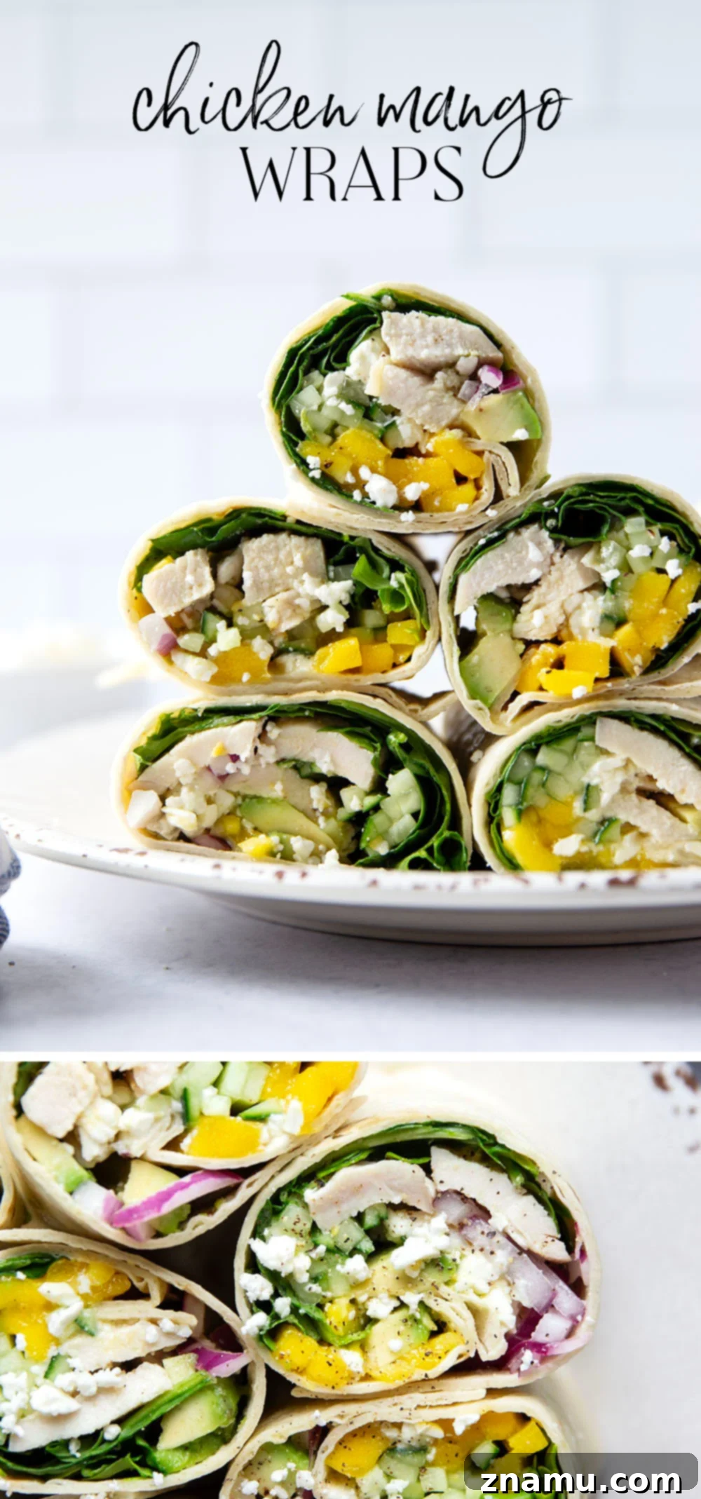 Tropical Chicken Mango Wrap 7 A vibrant platter of chicken mango wraps, cut in half for serving