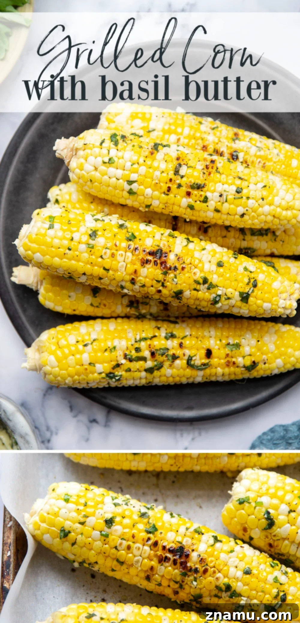 Irresistible Grilled Corn with Basil Butter 7 Platter of grilled corn on the cob with melted basil butter and fresh basil garnish