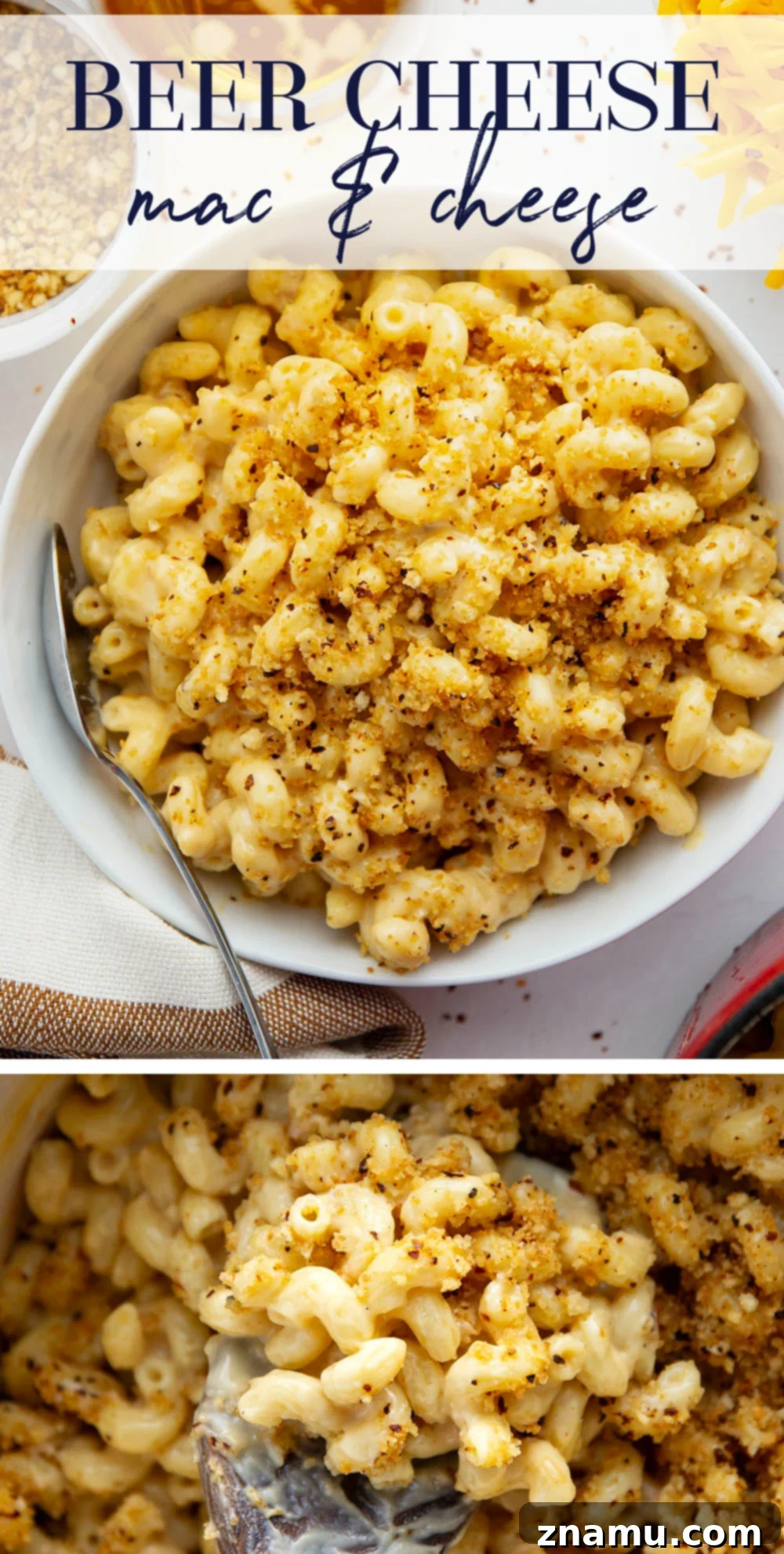 Crispy Chili Crumb Beer Cheese Mac & Cheese 8 A gooey cheddar gouda beer sauce coats every inch of tender pasta in this beer mac and cheese while spicy breadcrumbs on top finish it off perfectly.