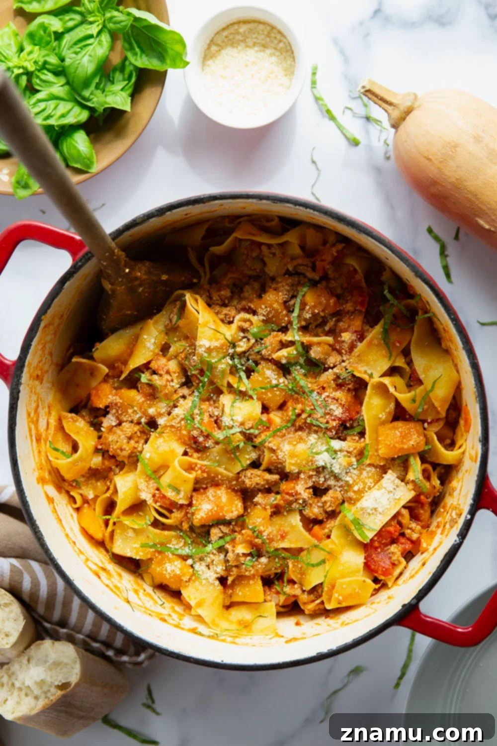 Golden Butternut Turkey Ragu 6 Butternut Squash Turkey Bolognese served in a large bowl, ready to eat.
