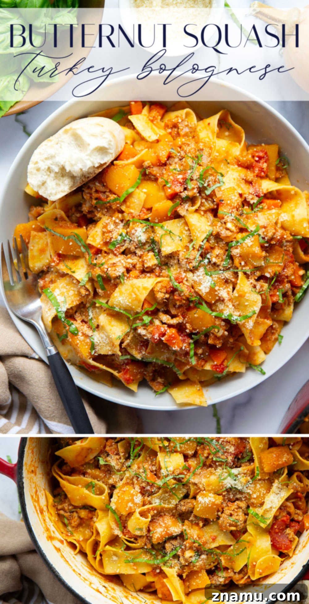 Golden Butternut Turkey Ragu 7 Overhead shot of Butternut Squash Turkey Bolognese with garnishes.