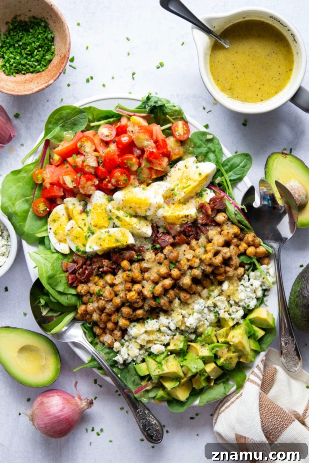 Crunchy Chickpea Cobb Salad with Zesty Shallot Vinaigrette 2 Crispy roasted chickpeas and a flavorful sautéed shallot dressing take this chickpea cobb salad to the next level!