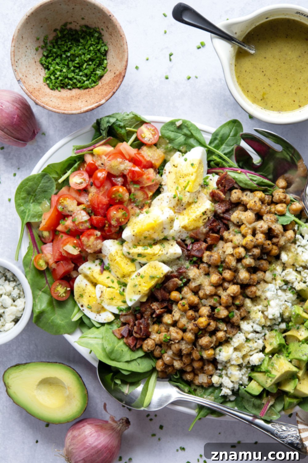 Crunchy Chickpea Cobb Salad with Zesty Shallot Vinaigrette 3 Crispy roasted chickpeas and a flavorful sautéed shallot dressing take this chickpea cobb salad to the next level!