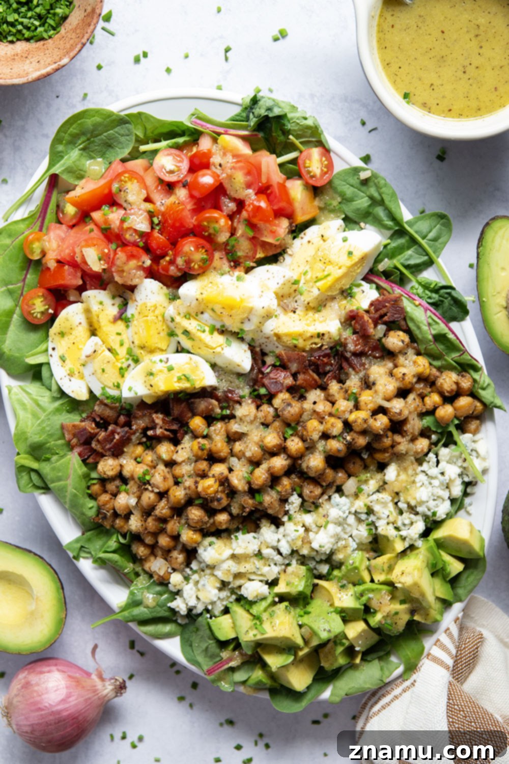 Crunchy Chickpea Cobb Salad with Zesty Shallot Vinaigrette 5 Crispy roasted chickpeas and a flavorful sautéed shallot dressing take this chickpea cobb salad to the next level!
