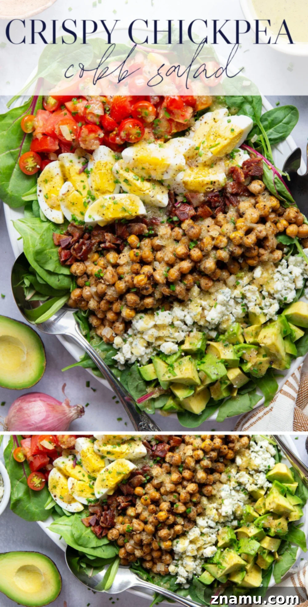 Crunchy Chickpea Cobb Salad with Zesty Shallot Vinaigrette 7 Crispy roasted chickpeas and a flavorful sautéed shallot dressing take this chickpea cobb salad to the next level!