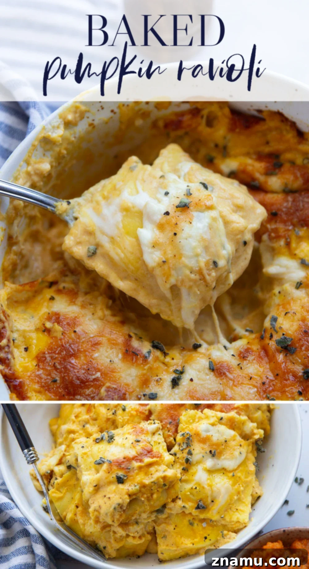 Golden Pumpkin Ravioli Bake 7 Generous portion of baked pumpkin ravioli in a serving dish