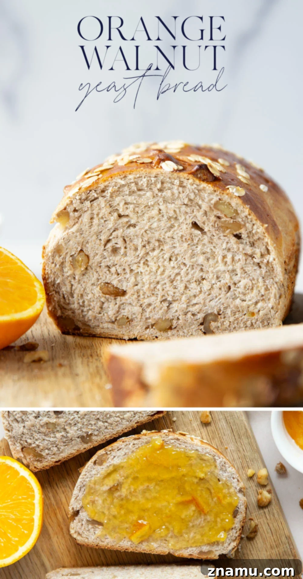 Sun-Kissed Orange Walnut Loaf 7 A top-down view of the Orange Walnut Yeast Bread, showing the golden crust and oats.
