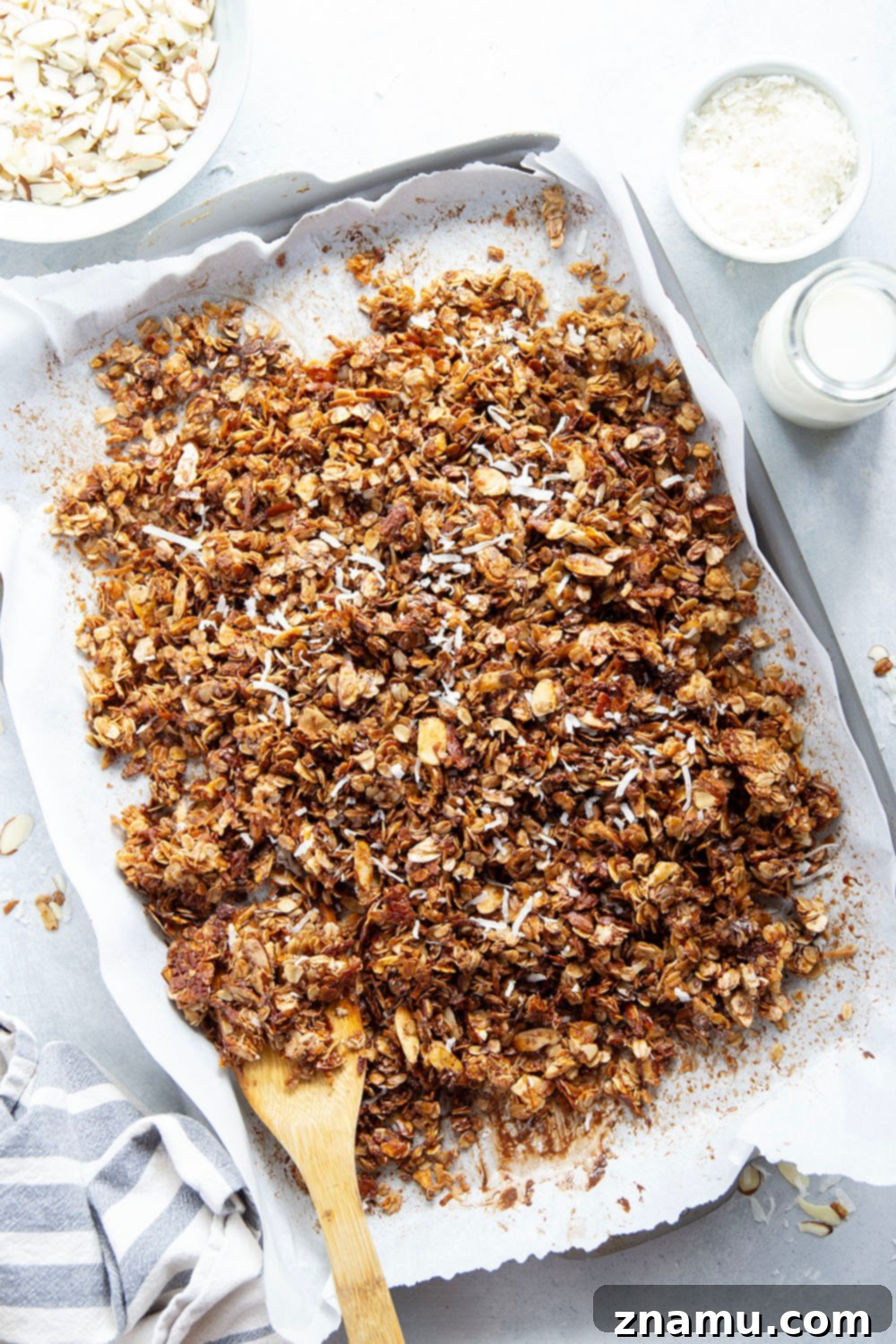 Coconut Almond Chocolate Granola 3 A close-up of golden-brown Almond Joy Granola clusters with chocolate chips, almonds, and coconut flakes.