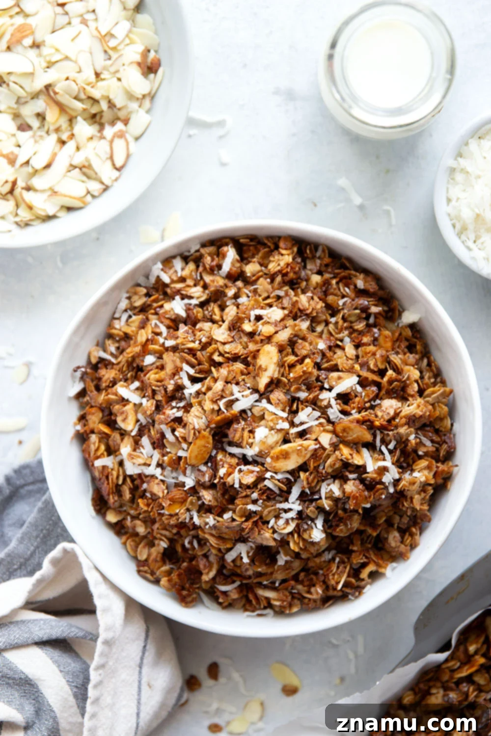 Coconut Almond Chocolate Granola 4 Granola ingredients: old-fashioned oats, shredded coconut, sliced almonds, cocoa powder, coconut oil, maple syrup, kosher salt, and chocolate chips.