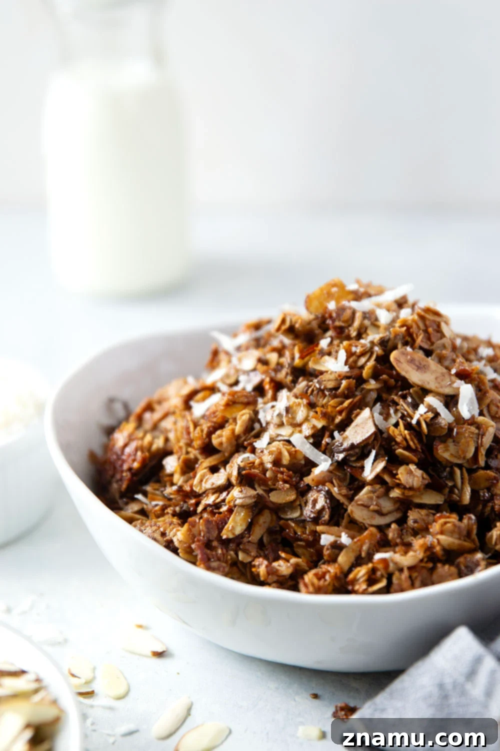 Coconut Almond Chocolate Granola 5 Bowl of mixed Almond Joy Granola ingredients before baking, showing oats, coconut, and almonds.
