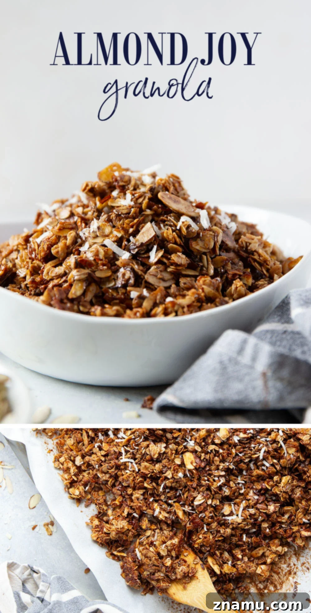 Coconut Almond Chocolate Granola 7 Large batch of homemade Almond Joy Granola cooling on a parchment-lined baking sheet.