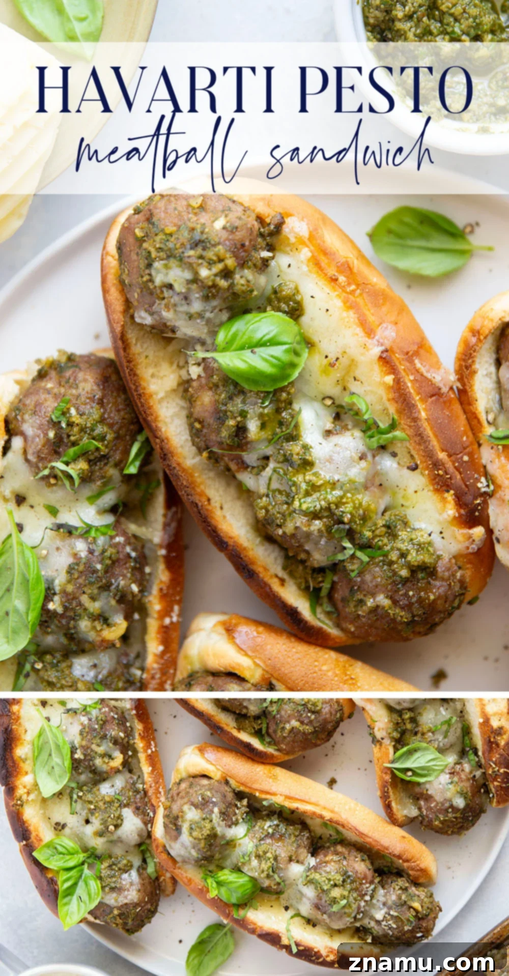 A close-up shot of a pesto meatball sandwich, showing the melted Havarti and rich green pesto.