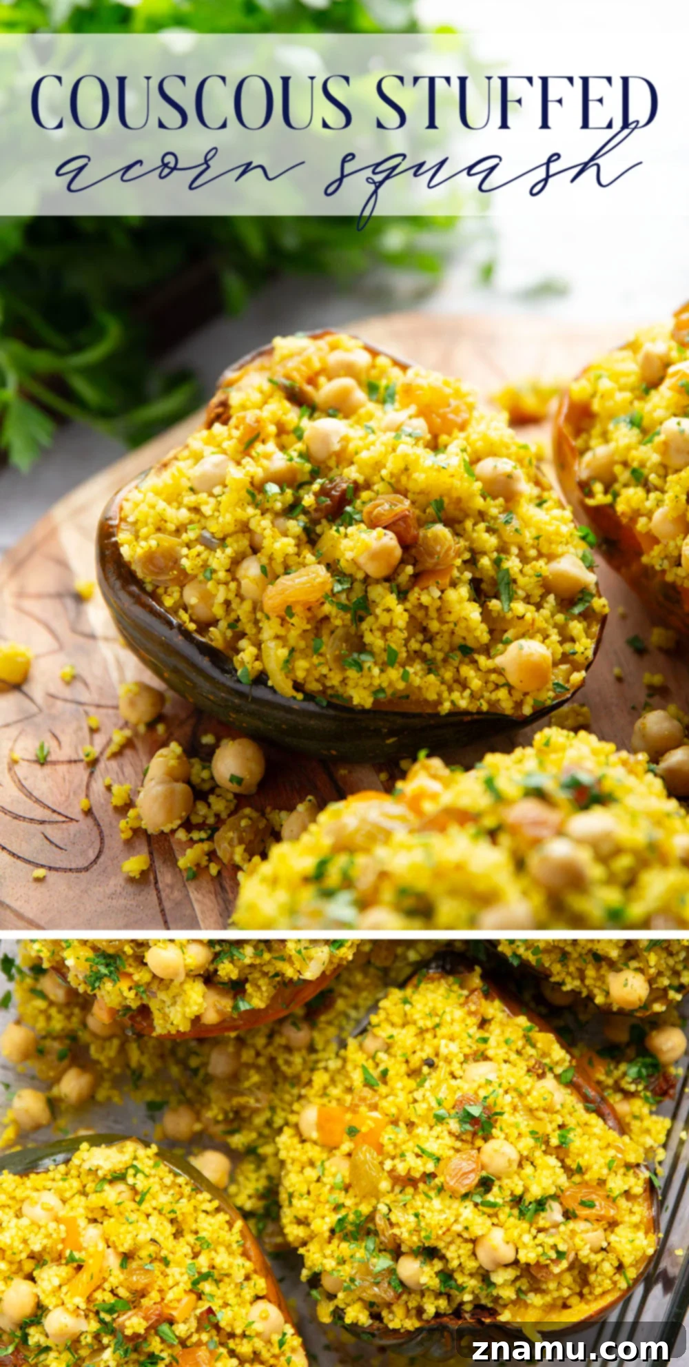 Roasted Acorn Squash with Spiced Couscous 7 This couscous stuffed acorn squash features fluffy Moroccan-spiced golden couscous piled into tender acorn squash boats.