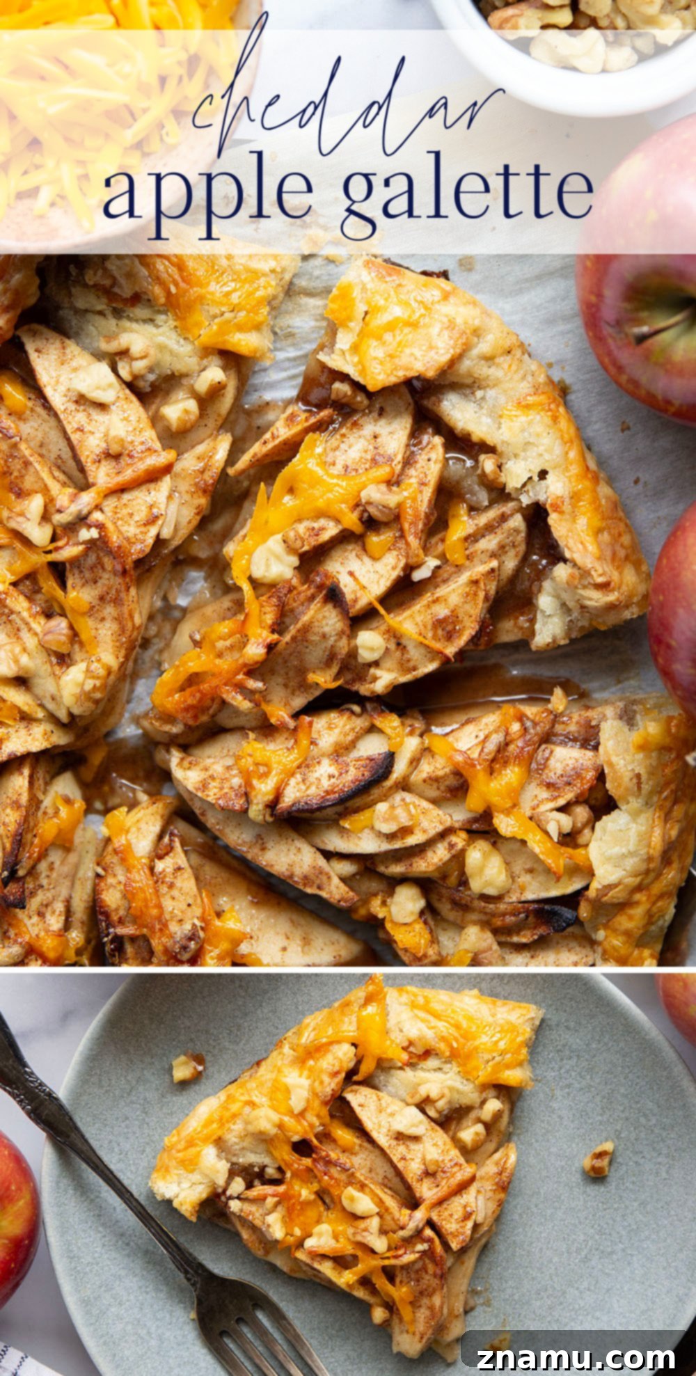 Rustic Apple Cheddar Galette 7 Beautifully garnished Cheddar Apple Galette on a rustic wooden board, ready to serve
