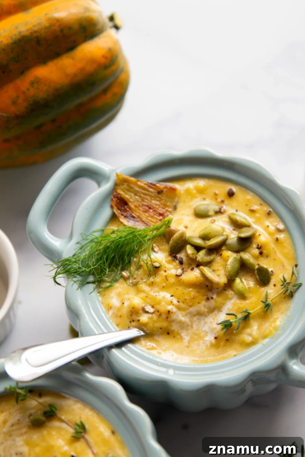 Velvety Roasted Fennel and Acorn Squash Soup 2 Deeply flavorful roasted fennel and acorn squash are the best soup pairing in this rich and velvety fennel acorn squash soup.