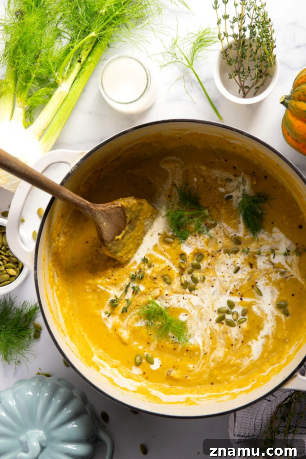 Velvety Roasted Fennel and Acorn Squash Soup 4 A bowl of creamy Roasted Fennel Acorn Squash Soup garnished with fresh herbs and seeds.