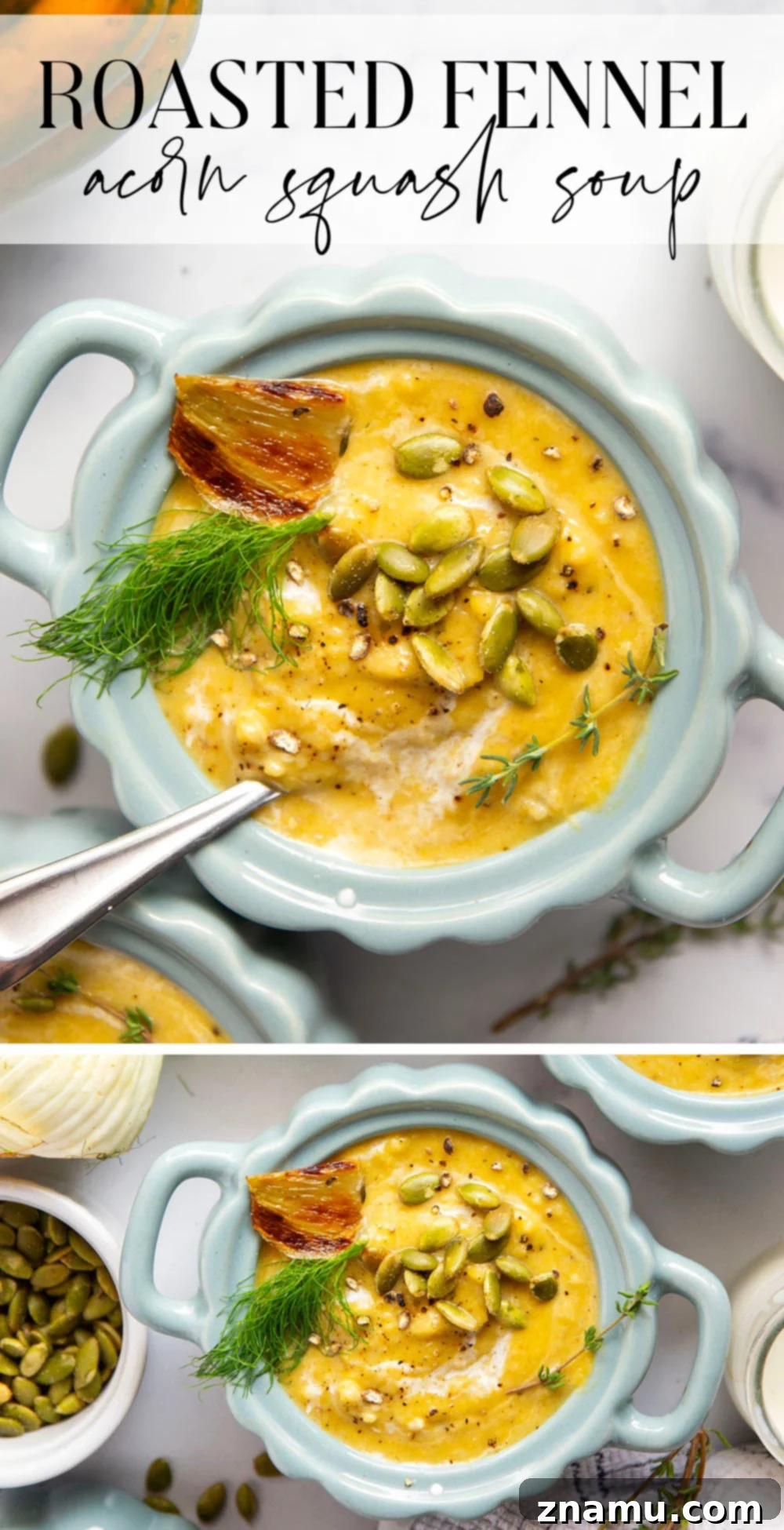 Velvety Roasted Fennel and Acorn Squash Soup 7 A cozy and comforting bowl of Roasted Fennel Acorn Squash Soup, perfect for autumn.