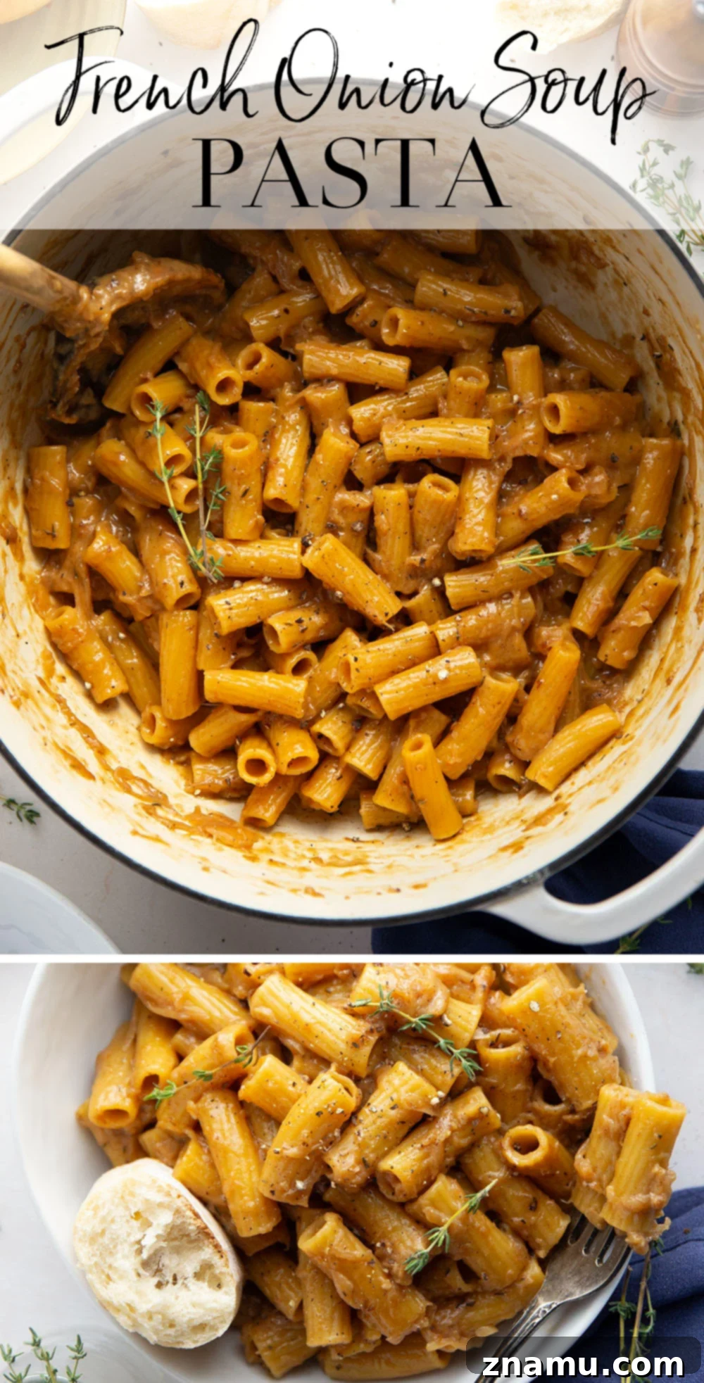 Cheesy One-Pot French Onion Pasta 7 A large serving of One-Pot French Onion Soup Pasta in a white bowl with a fork, showing the creamy texture and melted cheese.