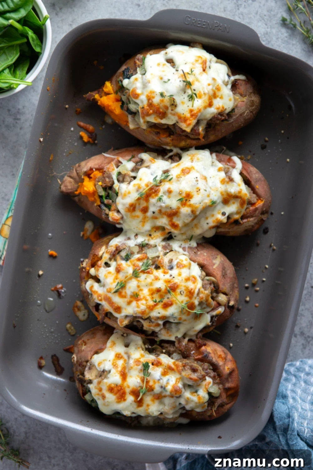 Sweet Potato Boats with Mushroom Sausage Filling 5 These mushroom sausage stuffed sweet potatoes feature a flavorful Italian sausage mushroom filling stuffed into fluffy baked sweet potatoes and baked with lots of gooey mozzarella on top.