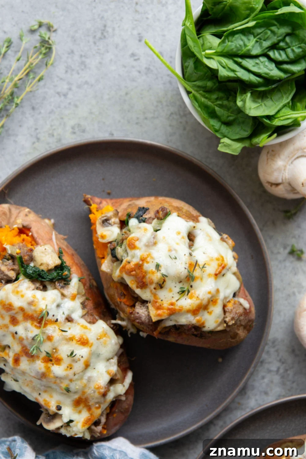 Sweet Potato Boats with Mushroom Sausage Filling 6 These mushroom sausage stuffed sweet potatoes feature a flavorful Italian sausage mushroom filling stuffed into fluffy baked sweet potatoes and baked with lots of gooey mozzarella on top.