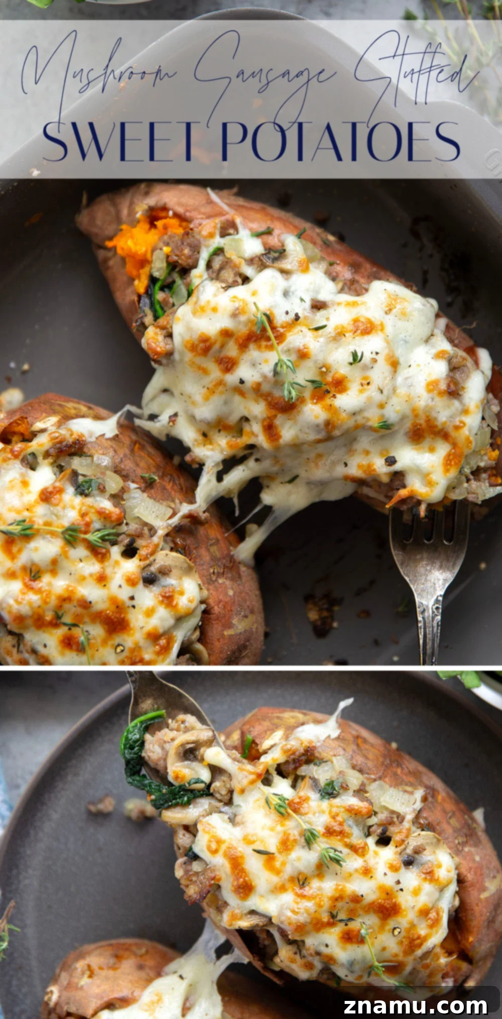 Sweet Potato Boats with Mushroom Sausage Filling 7 These mushroom sausage stuffed sweet potatoes feature a flavorful Italian sausage mushroom filling stuffed into fluffy baked sweet potatoes and baked with lots of gooey mozzarella on top.