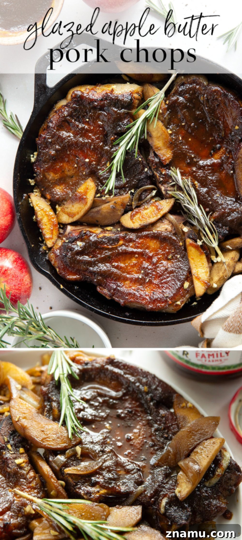 Sticky Apple Butter Pork Chops 7 An appetizing overhead shot of a finished Apple Butter Pork Chops dish in a skillet, showcasing the rich glaze, tender pork, and roasted apples, ready to be served.
