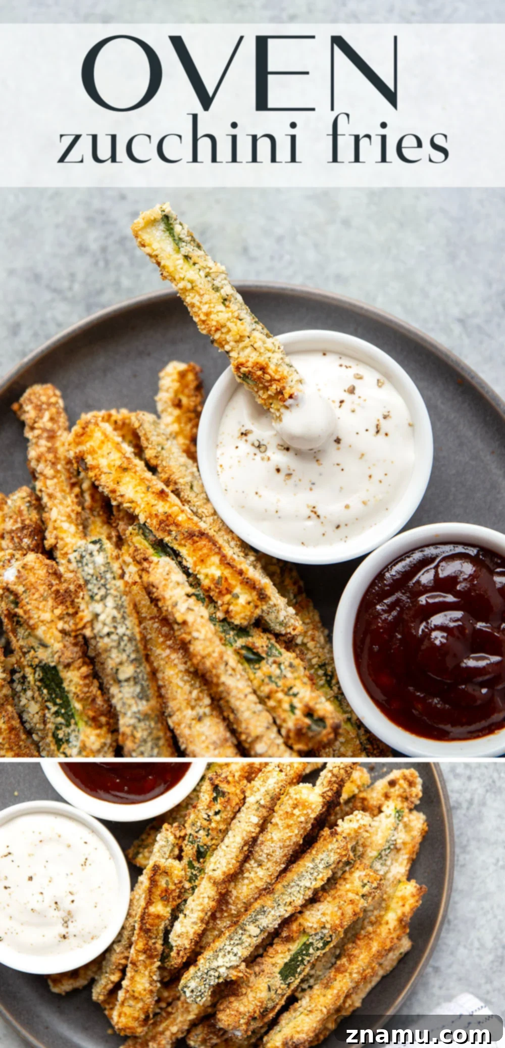 Golden Zucchini Sticks 7 A Close-Up of Golden Zucchini Fries with a Creamy Dipping Sauce