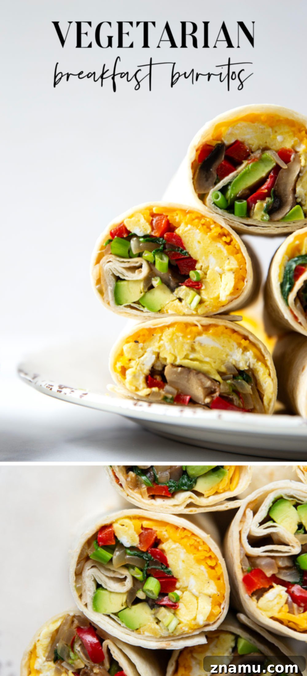 Plant-Powered Morning Wraps 7 Jam-packed with sauteed vegetables, scrambled eggs, avocado, and cheddar, these vegetarian breakfast burritos whip up in minutes and are perfect for an on-the-go breakfast!