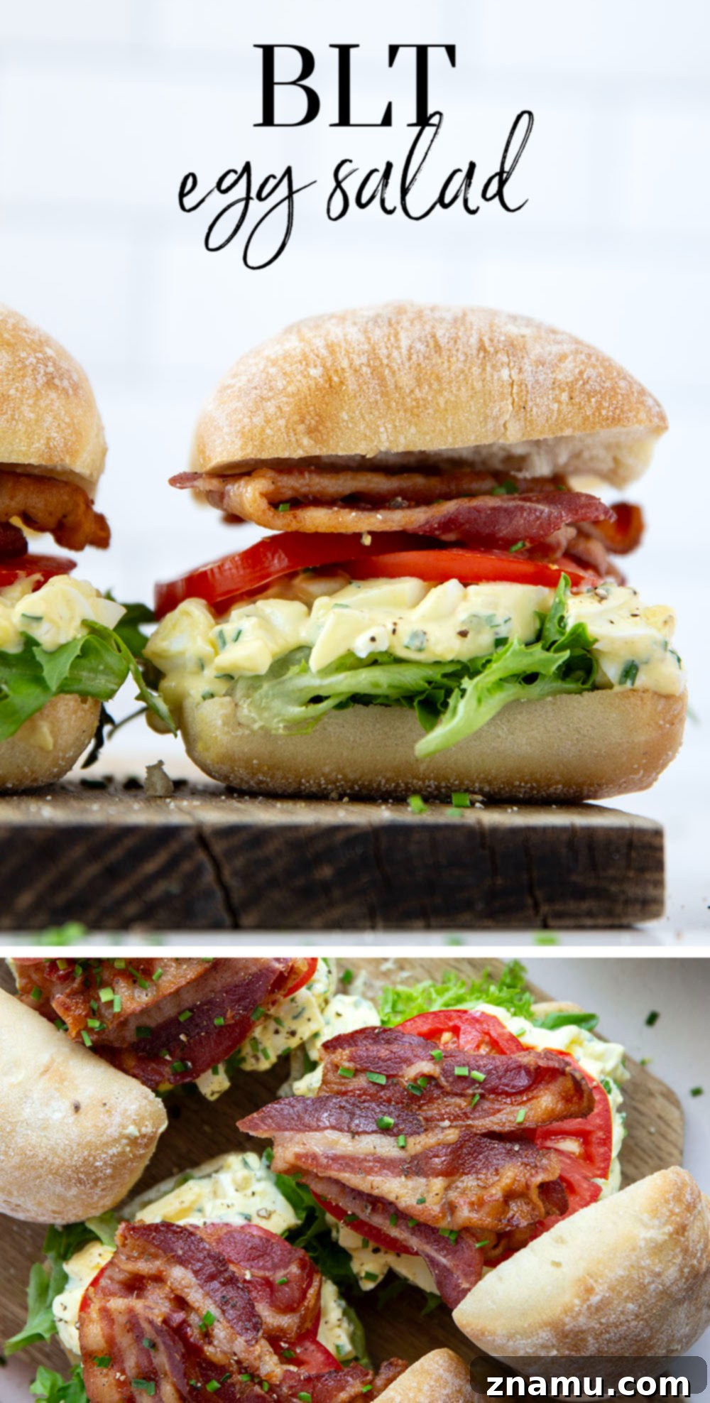BLT Egg Salad Twist 7 Overhead shot of two BLT Egg Salad sandwiches on a rustic wooden board, ready to serve