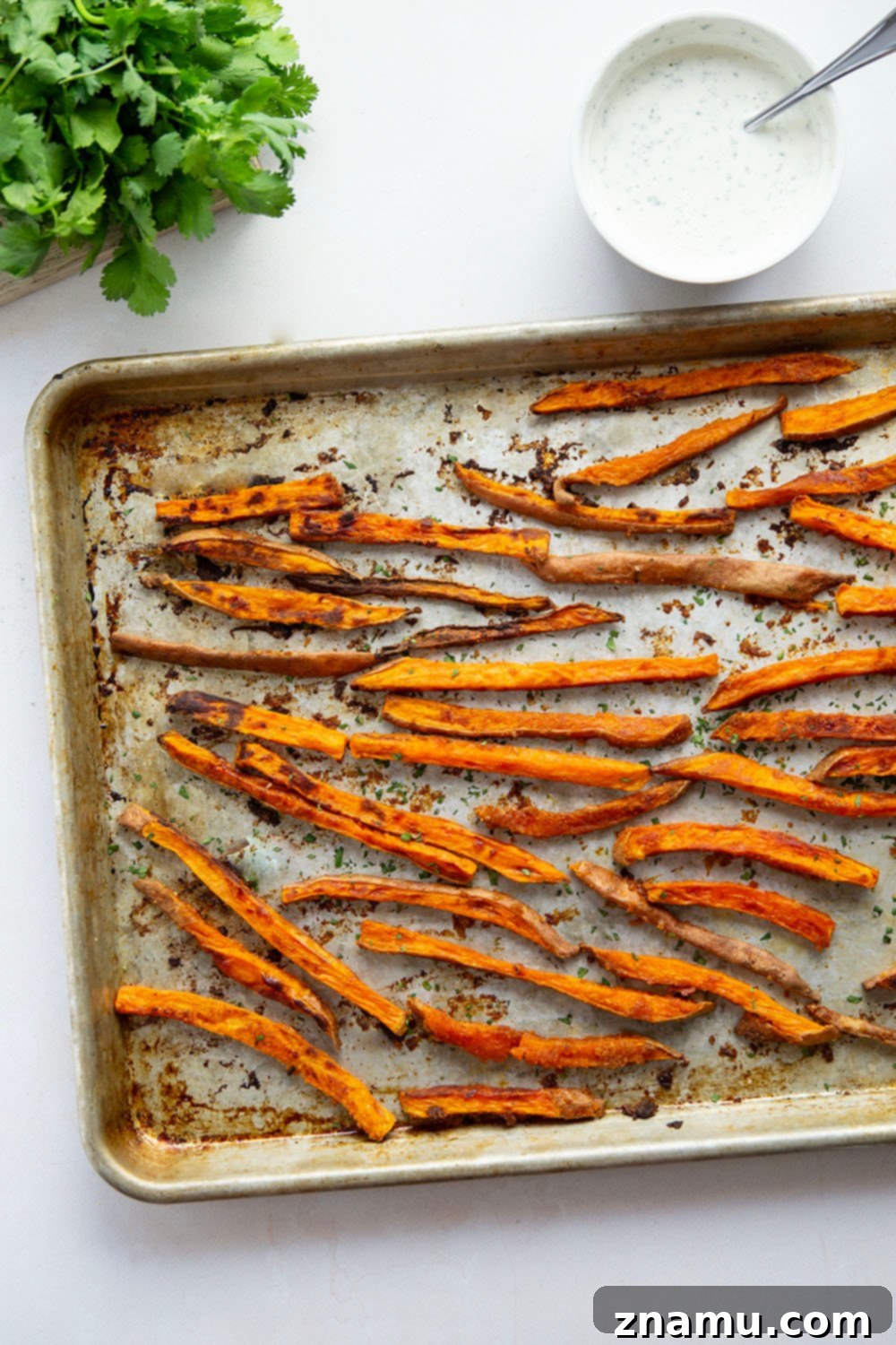 Blazing Sweet Potato Fries with Zesty Cilantro Ranch 4 Sweet and spicy sweet potato fries are perfectly crispy and go incredibly well with a creamy cilantro ranch sauce for dipping.