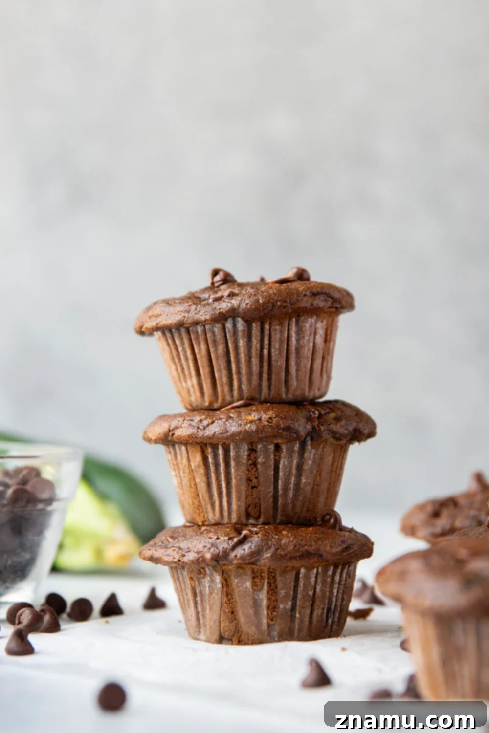 Decadent Double Chocolate Zucchini Muffins 2 Perfectly moist Double Chocolate Zucchini Muffins with chocolate chips