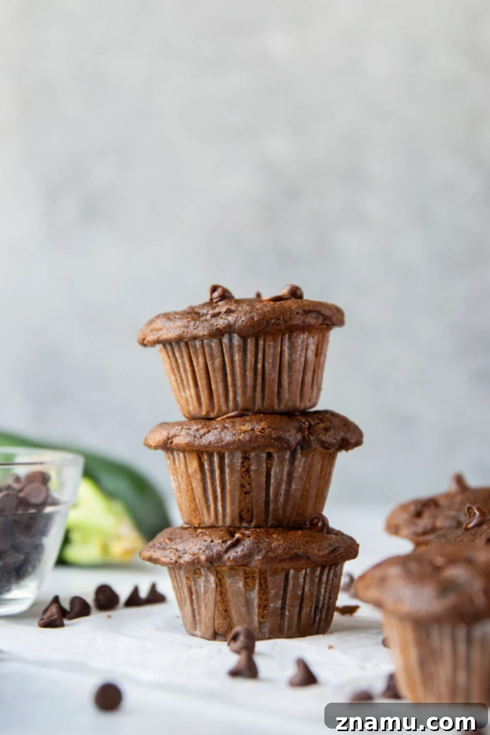 Decadent Double Chocolate Zucchini Muffins 6 Delicious Double Chocolate Zucchini Muffins ready to eat