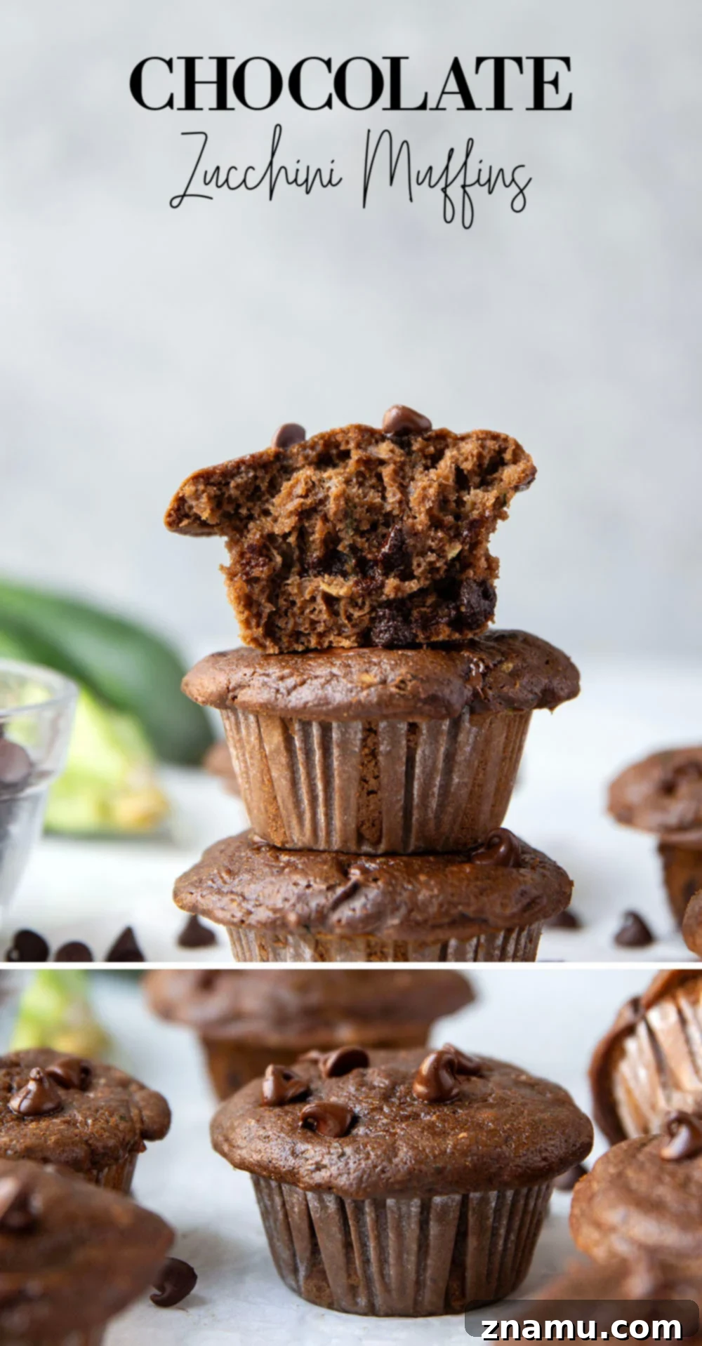 Decadent Double Chocolate Zucchini Muffins 7 A top-down view of freshly baked Double Chocolate Zucchini Muffins