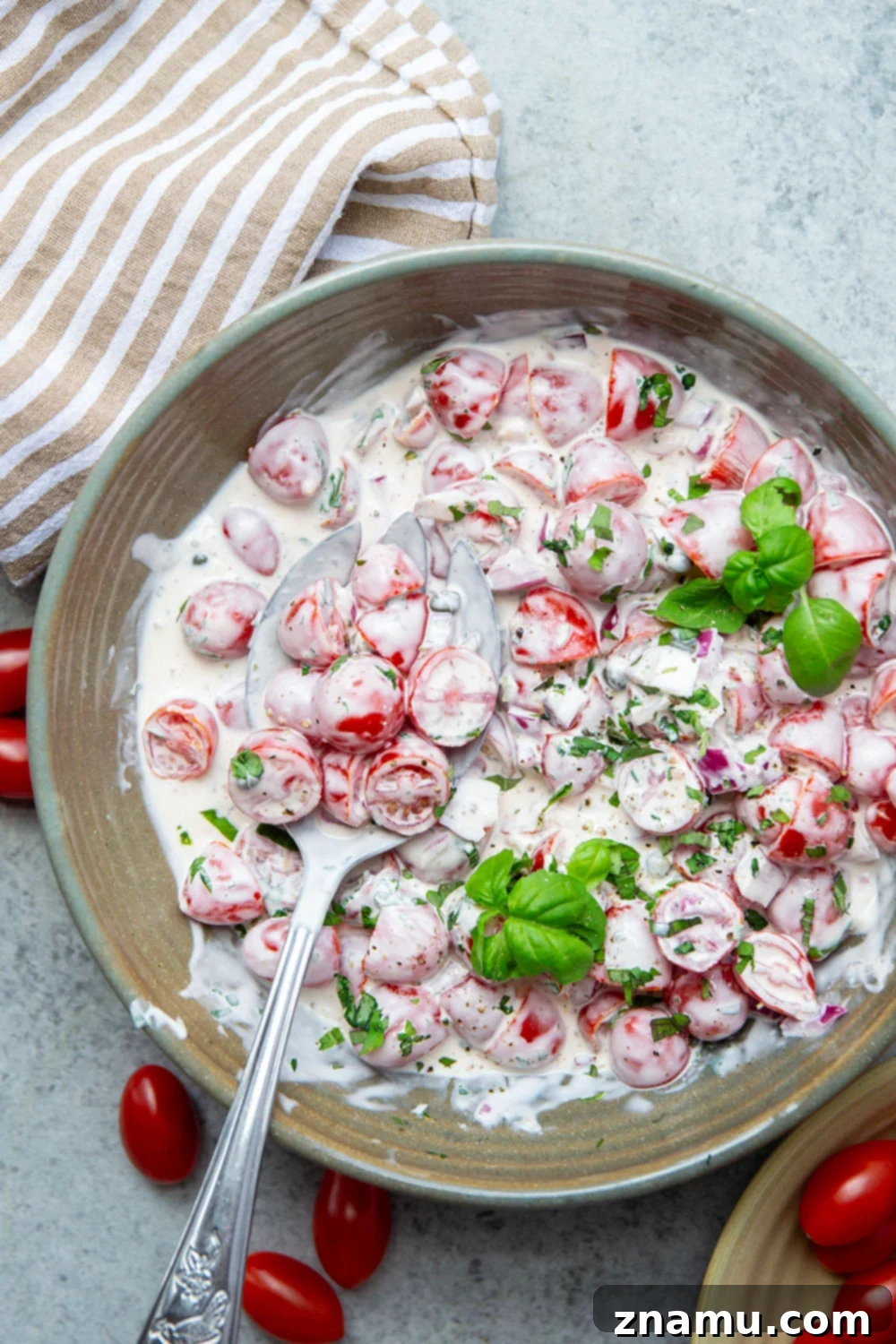 Creamy Ranch Cherry Tomato Delight 2 Sweet cherry tomatoes and fresh herbs collide in this summery cherry tomato salad that's tossed in a creamy homemade buttermilk ranch dressing.