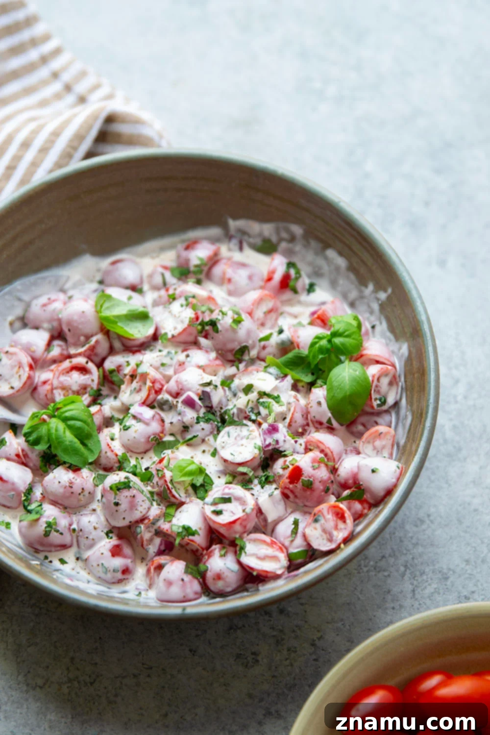 Creamy Ranch Cherry Tomato Delight 3 Sweet cherry tomatoes and fresh herbs collide in this summery cherry tomato salad that's tossed in a creamy homemade buttermilk ranch dressing.
