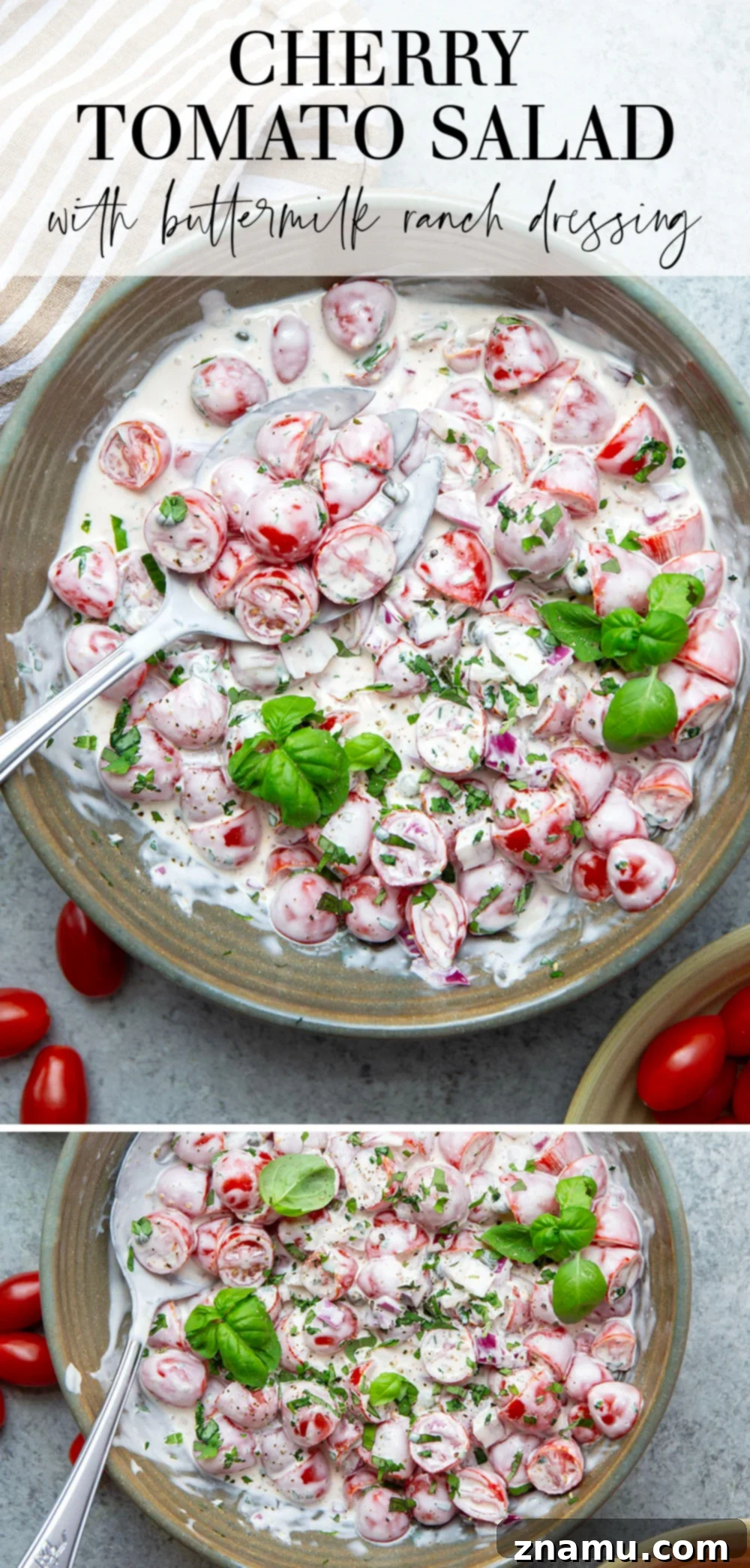 Creamy Ranch Cherry Tomato Delight 7 Sweet cherry tomatoes and fresh herbs collide in this summery cherry tomato salad that's tossed in a creamy homemade buttermilk ranch dressing.