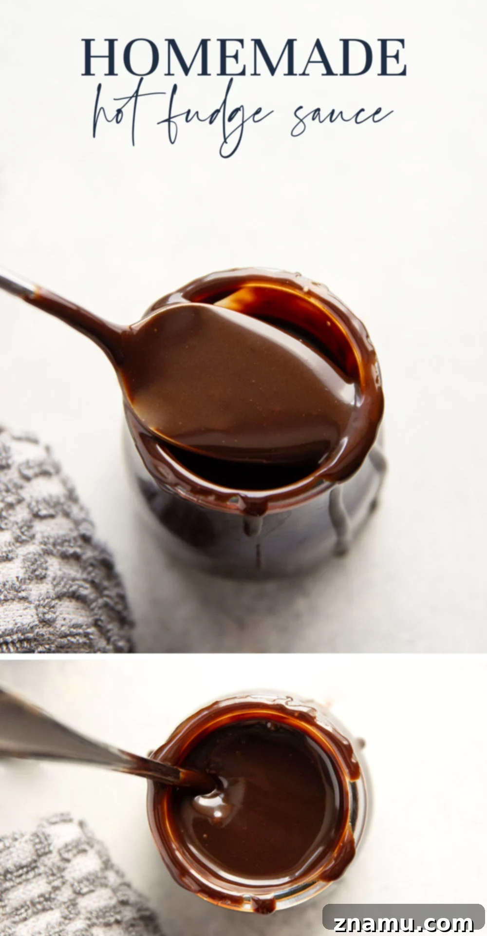 Decadent Homemade Hot Fudge Sauce 7 A beautifully styled shot of ice cream generously topped with homemade hot fudge sauce.